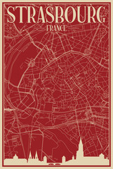 Red hand-drawn framed poster of the downtown STRASBOURG, FRANCE with highlighted vintage city skyline and lettering