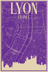 Purple hand-drawn framed poster of the downtown LYON, FRANCE with highlighted vintage city skyline and lettering