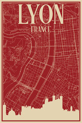 Red hand-drawn framed poster of the downtown LYON, FRANCE with highlighted vintage city skyline and lettering