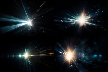 Fototapeta na wymiar Four different digital lens flare in black bacground horizontal frame. Generative AI.