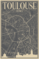 Grey hand-drawn framed poster of the downtown TOULOUSE, FRANCE with highlighted vintage city skyline and lettering