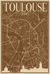 Brown hand-drawn framed poster of the downtown TOULOUSE, FRANCE with highlighted vintage city skyline and lettering