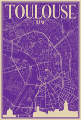 Purple hand-drawn framed poster of the downtown TOULOUSE, FRANCE with highlighted vintage city skyline and lettering