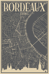 Grey hand-drawn framed poster of the downtown BORDEAUX, FRANCE with highlighted vintage city skyline and lettering