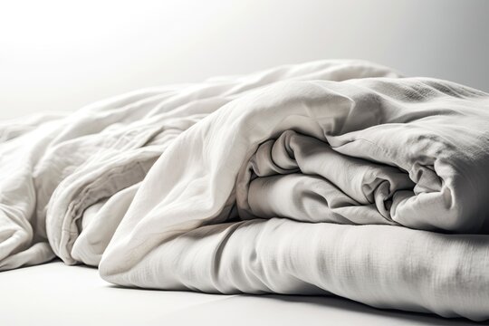 a bedspread, blanket, or duvet folded softly in white against a white background. close up picture. Generative AI