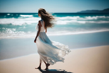 Fototapeta na wymiar women wear dresses on the beach alone, generative ai