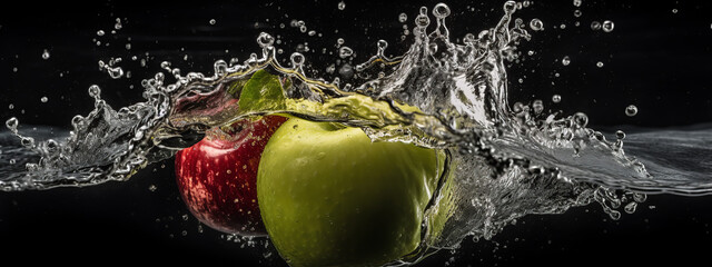 apple, fruit, water, red, splash, food, fresh, healthy, drop, wet, splashing, bubble, white, liquid, ripe, isolated, health, falling, nature, green, drink, juice, juicy, clean, generative