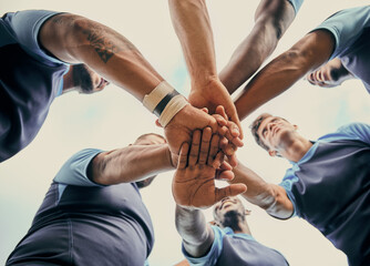 Diversity, team and men with hands together in sports below for support, motivation or goals...