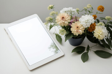 Obraz na płótnie Canvas tablet mockup with flowers, generative ai