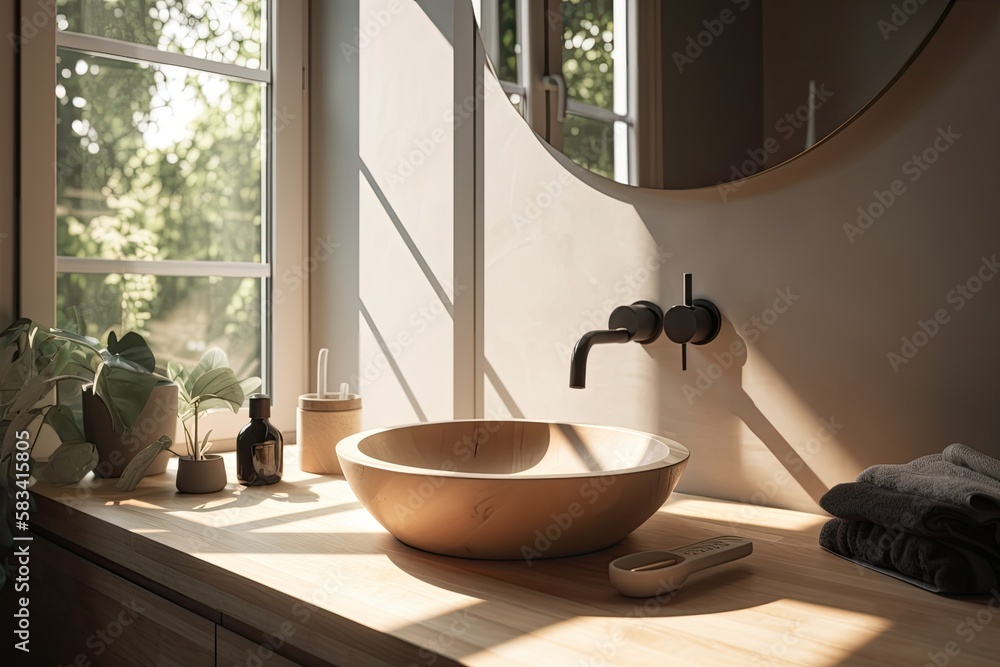 Poster a bathroom with morning sun and shadow, a wooden vanity counter, a white ceramic sink, and a modern style black faucet. Mockup blank space for product display. Generative AI