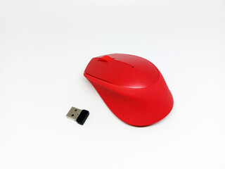 Red wireless mouse isolated on white background