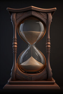 Realistic huge hourglass with running sand inside on dark background. Wooden body in retro style. Time passing or countdown concept. Image is AI generated. 3d illustration.