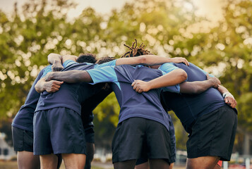 Diversity, team and men huddle in sports for support, motivation or goals outdoors. Man sport group...