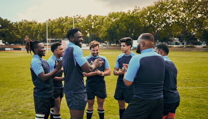 Diversity, team and men applause in sports for support, motivation or goals on grass field outdoors. Sport group clapping in fitness, teamwork or success for match preparation or game