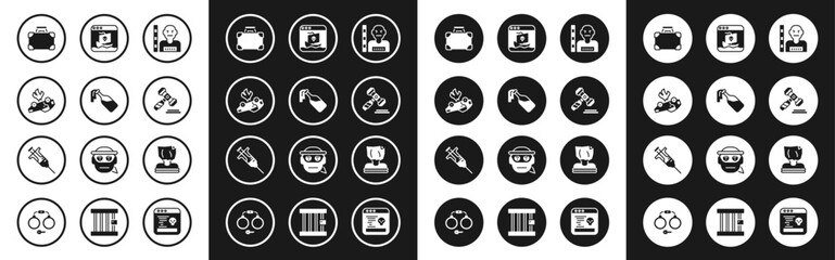 Set Suspect criminal, Cocktail molotov, Burning car, Briefcase and money, Judge gavel, Internet piracy, Kidnaping and Syringe icon. Vector