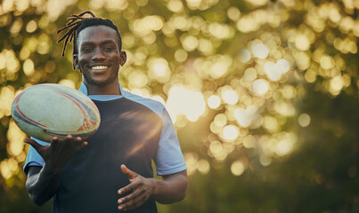 Rugby, ball and portrait of black man with smile, confidence and pride in winning game. Fitness,...