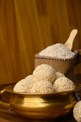 Amaranth ladoo or Rajgira laddu or Cholai ke laddo in brass bowl with jaggery
rajgeera 