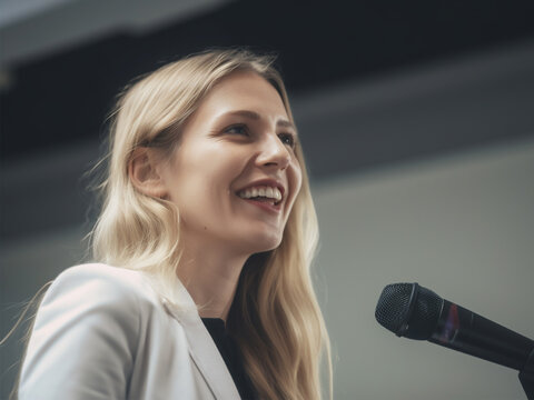 A smiling businesswoman in white shirt giving a speech, a presentation at a business meeting conference, generative AI
