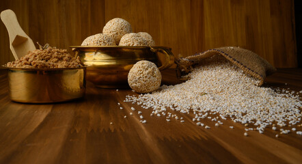 Amaranth ladoo or Rajgira laddu or Cholai ke laddo in brass bowl with jaggery
rajgeera 