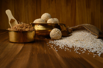 Amaranth ladoo or Rajgira laddu or Cholai ke laddo in brass bowl with jaggery
rajgeera 