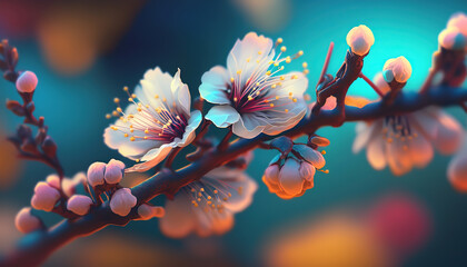 Beautiful floral spring abstract background of nature. Branches of blossoming apricot macro with soft focus on gentle light blue sky background. ai generative
