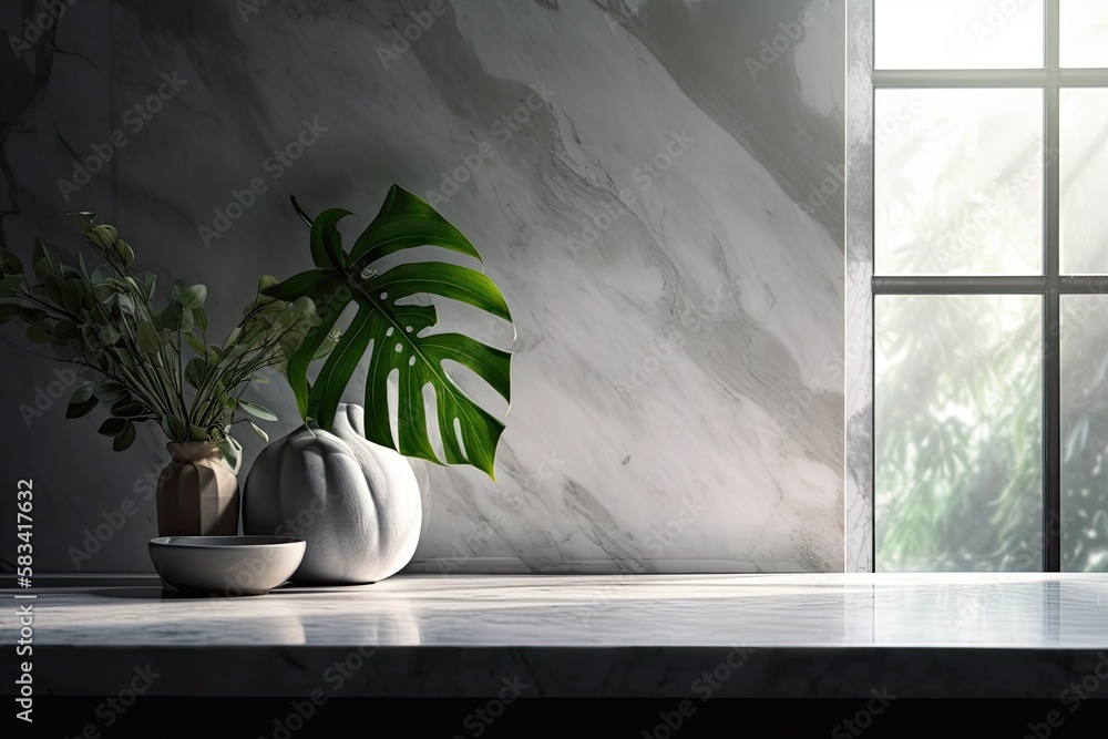 Poster background of a marble table and a window with light build a blurred indoor green plant foreground a