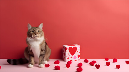 AI Generated, Valentine day background for samoyed, cat, shiba, corgi lover with gift box and various red hearts. flat lay style greeting composition.