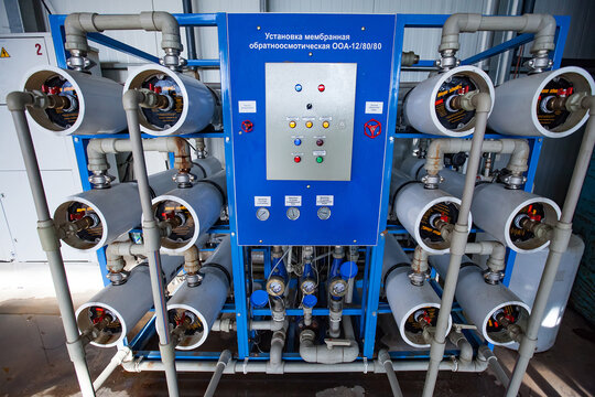 Aktobe province, Kazakhstan - May 05, 2012: Osmosis water filtering and purifying system for greenhouse supply. Control panel and filters