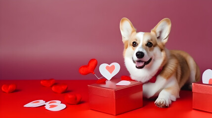 AI Generated, Valentine day background for samoyed, cat, shiba, corgi lover with gift box and various red hearts. flat lay style greeting composition.