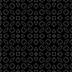 Vector geometric seamless pattern. Minimal ornamental background with abstract shapes. Black and white texture. Simple abstract ornament background. Dark repeat design for decor, fabric, cloth.