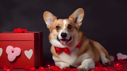 AI Generated, Valentine day background for samoyed, cat, shiba, corgi lover with gift box and various red hearts. flat lay style greeting composition.