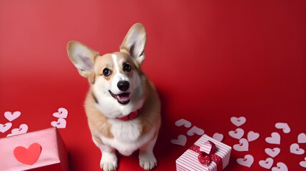 AI Generated, Valentine day background for samoyed, cat, shiba, corgi lover with gift box and various red hearts. flat lay style greeting composition.