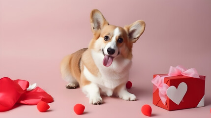AI Generated, Valentine day background for samoyed, cat, shiba, corgi lover with gift box and various red hearts. flat lay style greeting composition.