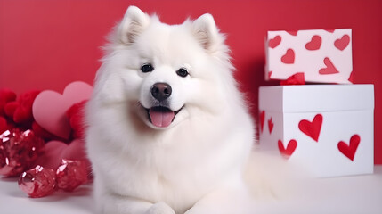 AI Generated, Valentine day background for samoyed, cat, shiba, corgi lover with gift box and various red hearts. flat lay style greeting composition.