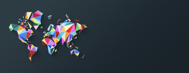 Fototapeta na wymiar World map shape made of colorful polygons. 3D illustration on a black background. Horizontal banner