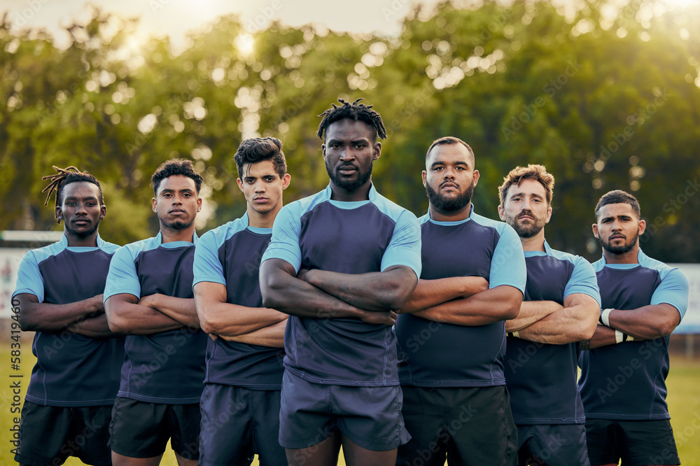 Sticker Rugby, power and portrait of team of men with serious expression, confidence and pride in winning game. Fitness, sports and diversity, players at match, workout or competition on field at stadium.