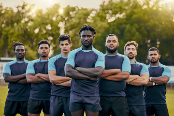 Rugby, power and portrait of team of men with serious expression, confidence and pride in winning game. Fitness, sports and diversity, players at match, workout or competition on field at stadium.
