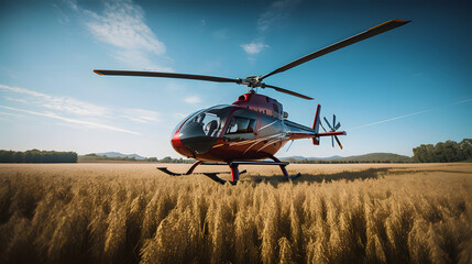 Fototapeta na wymiar Helicopter. Brandless helicopter in the wheat field with blue sky background. 3d rendering. Generative AI technology.