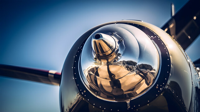 Close up of a propeller of an old airplane on a sunny day. Generative AI technology.