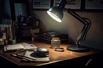 Fototapeta na wymiar On the office desk, a desk lamp illuminates the workspace. Generative AI