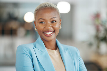 Face portrait, manager and happy black woman, business leader or employee smile for startup company...
