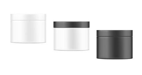 Black and white round package container mockup. Vector illustration isolated on white background. Can be use for your design, advertising, promo and etc. EPS10.	