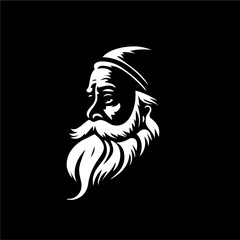 Bearded old man bust logo template, Santa Claus monument emblem, sage stamp, grandfather tattoo sketch. Hand drawing emblem on black background for body art, monochrome art. Vector illustration