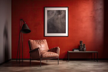 In the inside of a living room with a leather armchair, carpet, floor lamp, and coffee table on hardwood flooring, there is a blank vertical poster on a red concrete wall. Generative AI