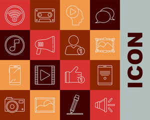 Set line Speaker volume, Tablet, Picture landscape, Head people with play button, Megaphone, Music note, tone, Wi-Fi wireless internet network and Add friend icon. Vector