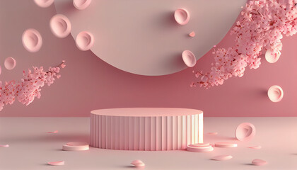 Nature-Inspired Beauty Promotion: 3D Podium Display with Circle Frame and Summer Minimal Banner on Beige Background Featuring Cosmetic Products Mockup and Wind Effects Generative AI