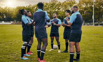 Fototapeta premium Diversity, team and men applause in sports for support, motivation or goals on grass field outdoors. Sport group clapping in fitness, teamwork or success for winning match or game victory