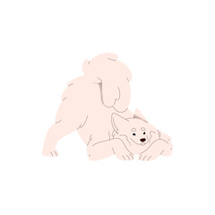 Funny dog of Samoyed breed. Cute fluffy Russian doggy in bowing down pose, inviting to play. Playful purebred canine animal in fun position. Flat vector illustration isolated on white background