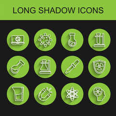 Set line Laboratory glassware or beaker, Magnet, Bacteria on laptop, Atom, Human head and radiation, Test tube flask stand, Radioactive in shield and Pipette icon. Vector