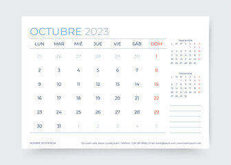 Spanish October 2023 year calendar. Planner calender layout. Week starts Monday. Desk monthly organizer. Timetable template. Table schedule grid. Corporate diary. Vector illustration. Paper size A5